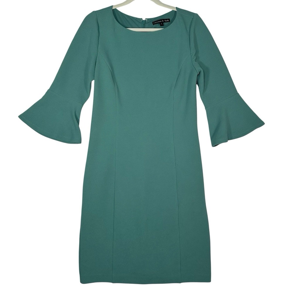 Preston & York Dress 6 Teal Textured Bell Sleeve Sheath Mod Minimalist Business